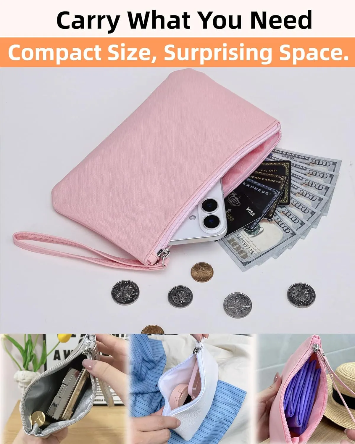 2 Pack Small Zipper Pouch Mini Makeup Bag for Purse Lipstick Cosmetic Travel Make Up Organizer for Women Essentials Feminine Products, Car Change Coin Holder 8x5 Phone Wristlet Wallet, Pink