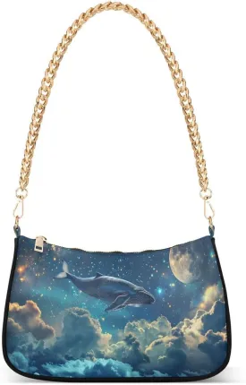 ALAZA Abstract Cloud Planet Whale Chian Shoulder Bag Handbags Tote Mini Clutch Purse Hobo Bag with Zipper Closure for Women