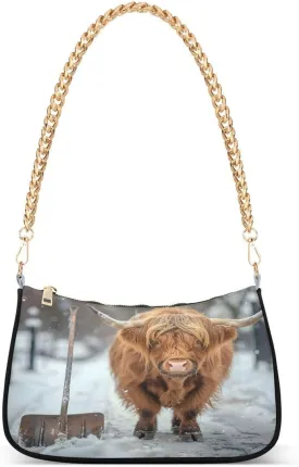 ALAZA Cute Highland Cow Snowflake Chian Shoulder Bag Handbags Tote Mini Clutch Purse Hobo Bag with Zipper Closure for Women