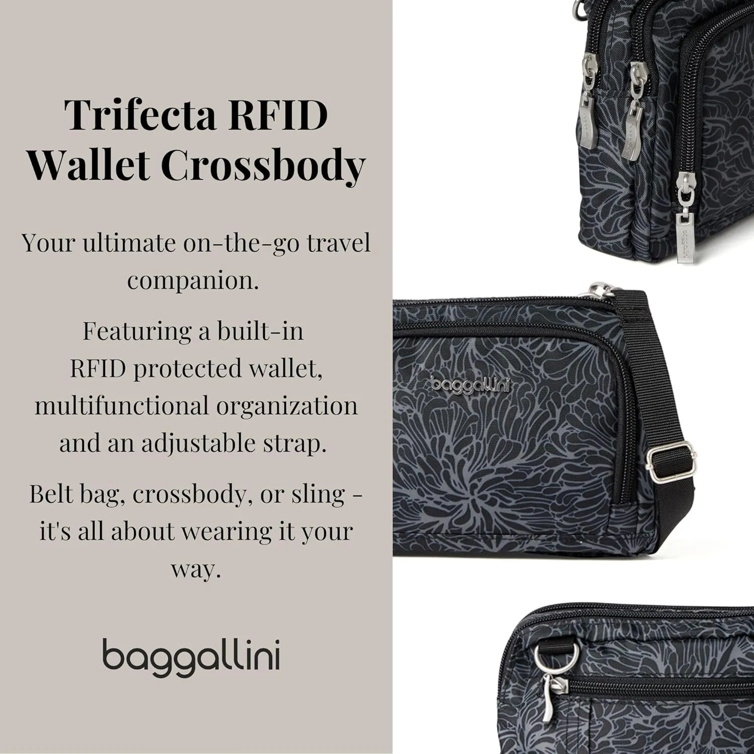 Baggallini Trifecta RFID Wallet 8"x6" Crossbody Women Convertible Fanny Pack Belt Bag