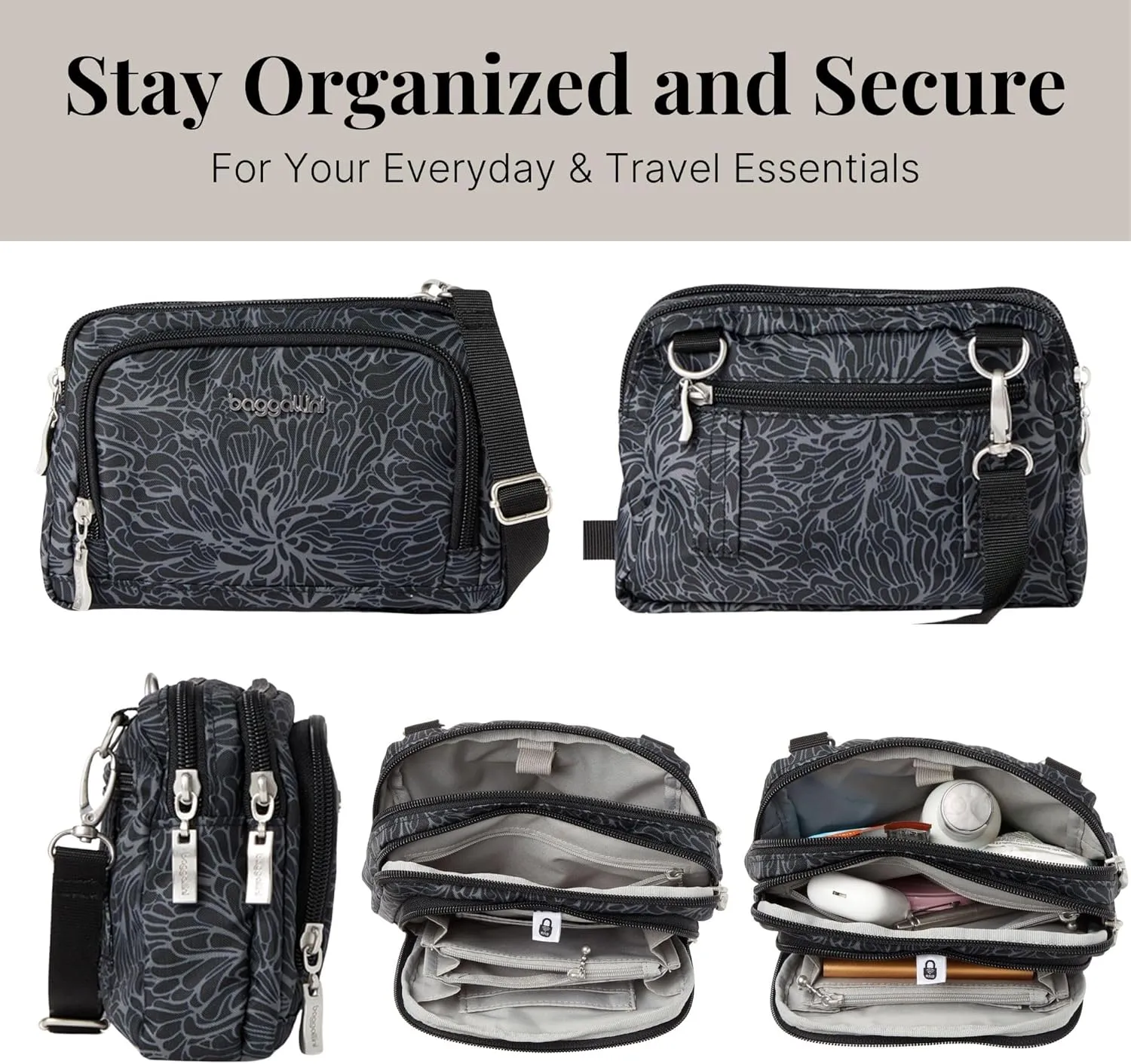 Baggallini Trifecta RFID Wallet 8"x6" Crossbody Women Convertible Fanny Pack Belt Bag