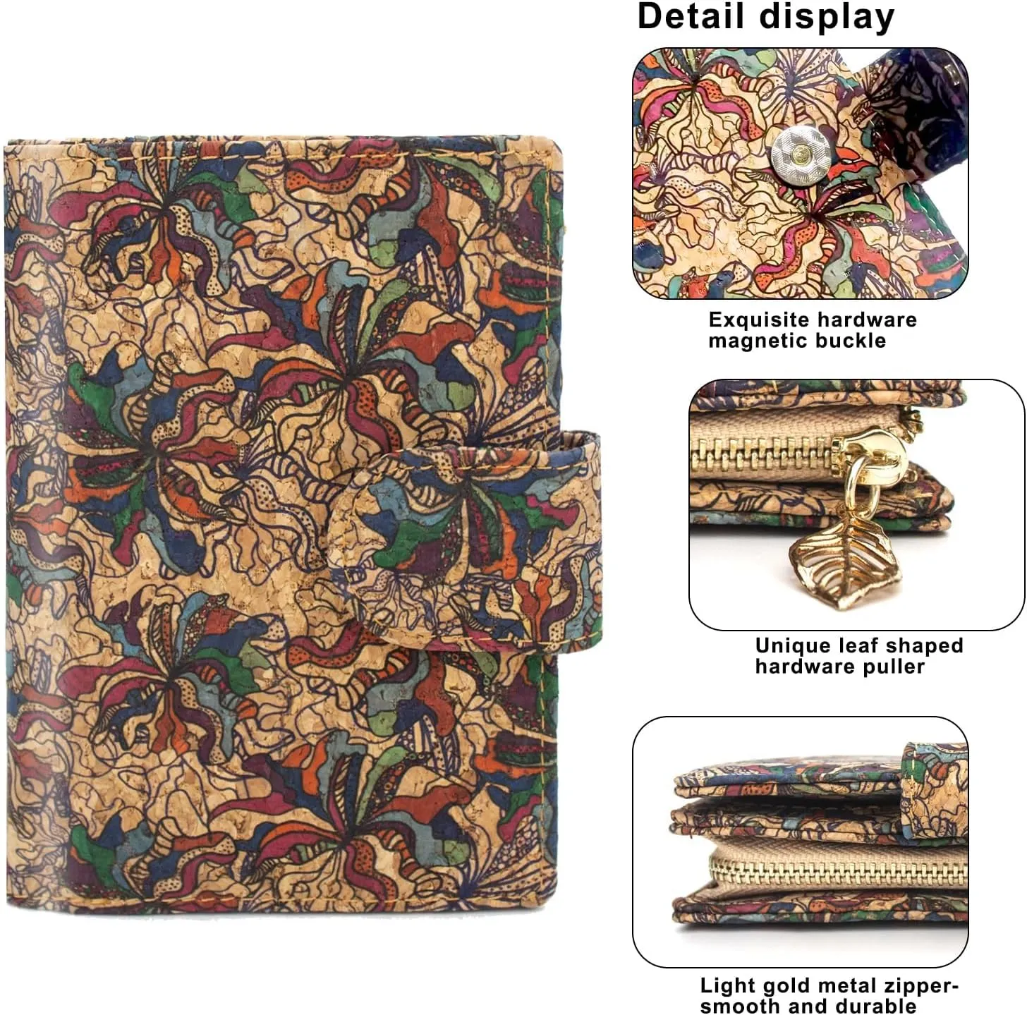 boshiho Vegan Cork Wallet, Womens Purse Slim Zipper Design with Card Holder Coin Pocket Purse Eco-friendly Vegan Gift
