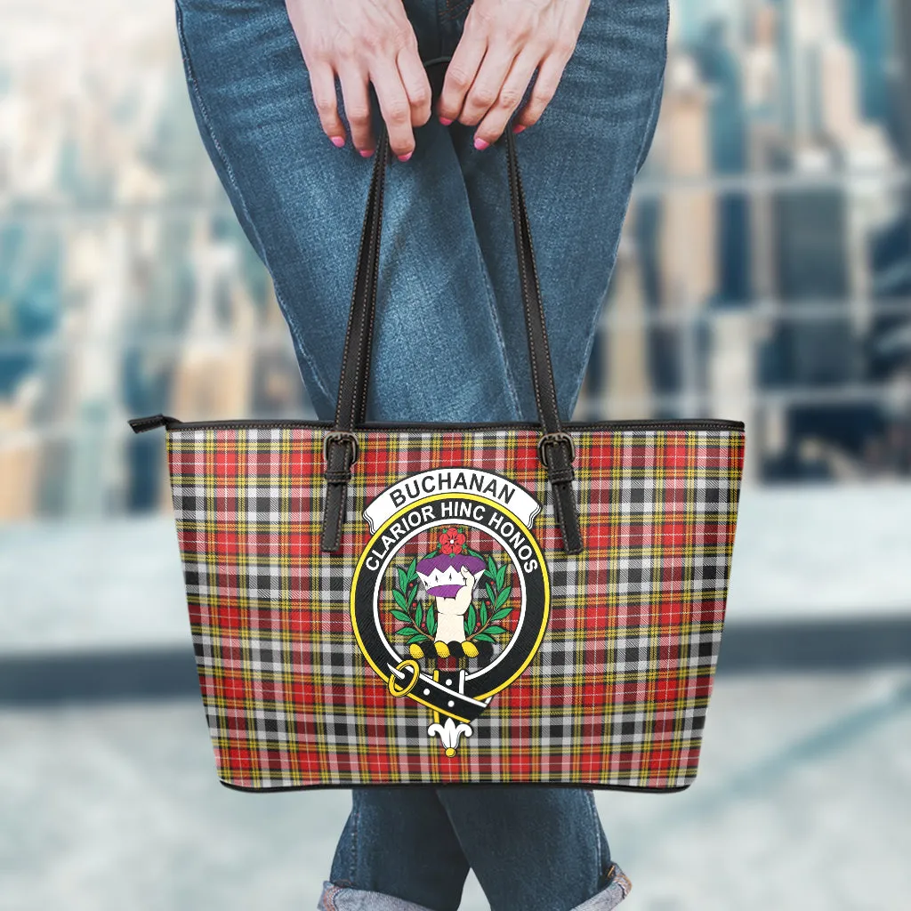 Buchanan Old Dress Tartan Leather Tote Bag with Family Crest