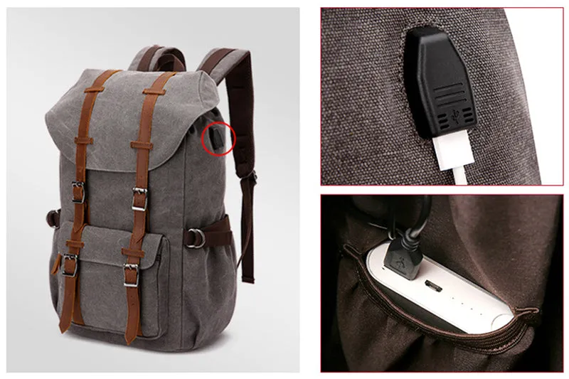 Canvas Travel Backpack With USB Plug Vintage Large Canvas Laptop Backpack Unsiex Canvas School Backpack