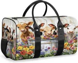 Cute Cow Duffle Bag for Travel, Overnight Weekend Gym Carry On Luggage Bag, Farmhouse Rustic Cow Flower Travel Duffel Bag for Men Women
