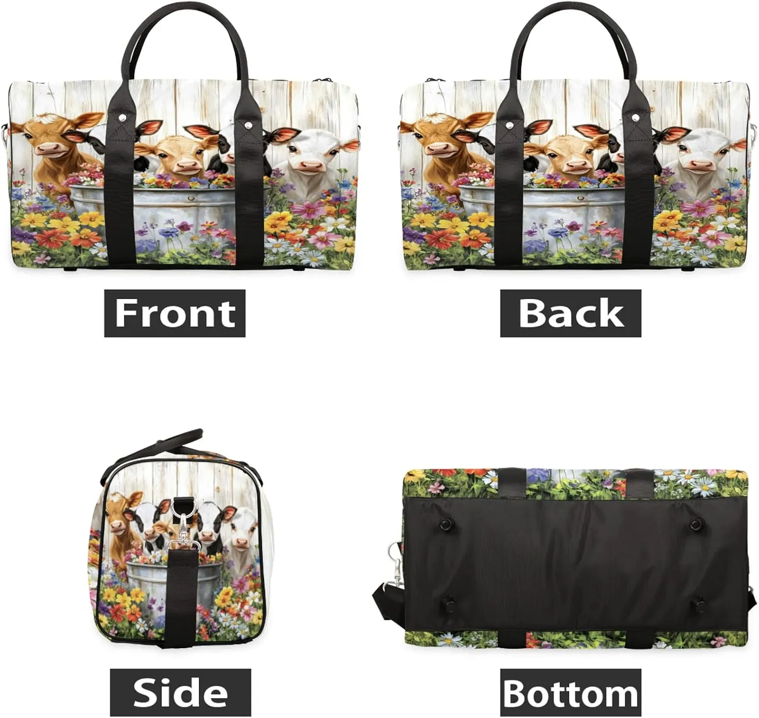 Cute Cow Duffle Bag for Travel, Overnight Weekend Gym Carry On Luggage Bag, Farmhouse Rustic Cow Flower Travel Duffel Bag for Men Women