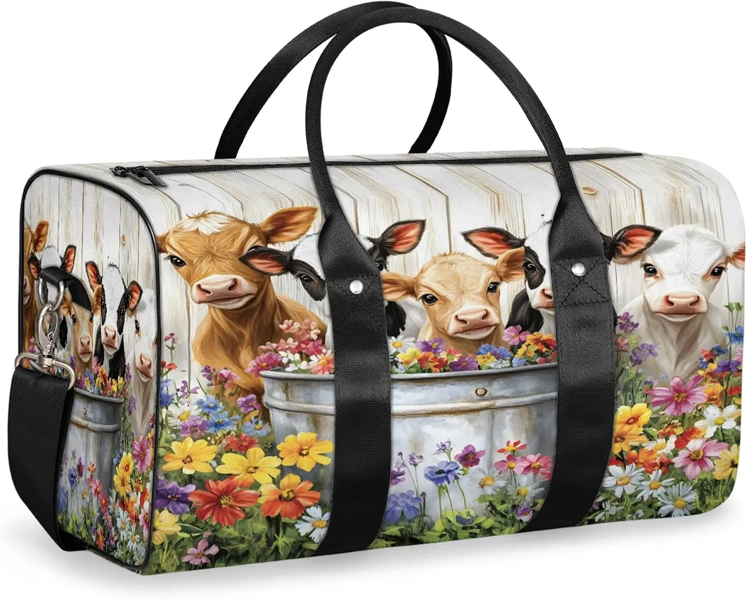 Cute Cow Duffle Bag for Travel, Overnight Weekend Gym Carry On Luggage Bag, Farmhouse Rustic Cow Flower Travel Duffel Bag for Men Women