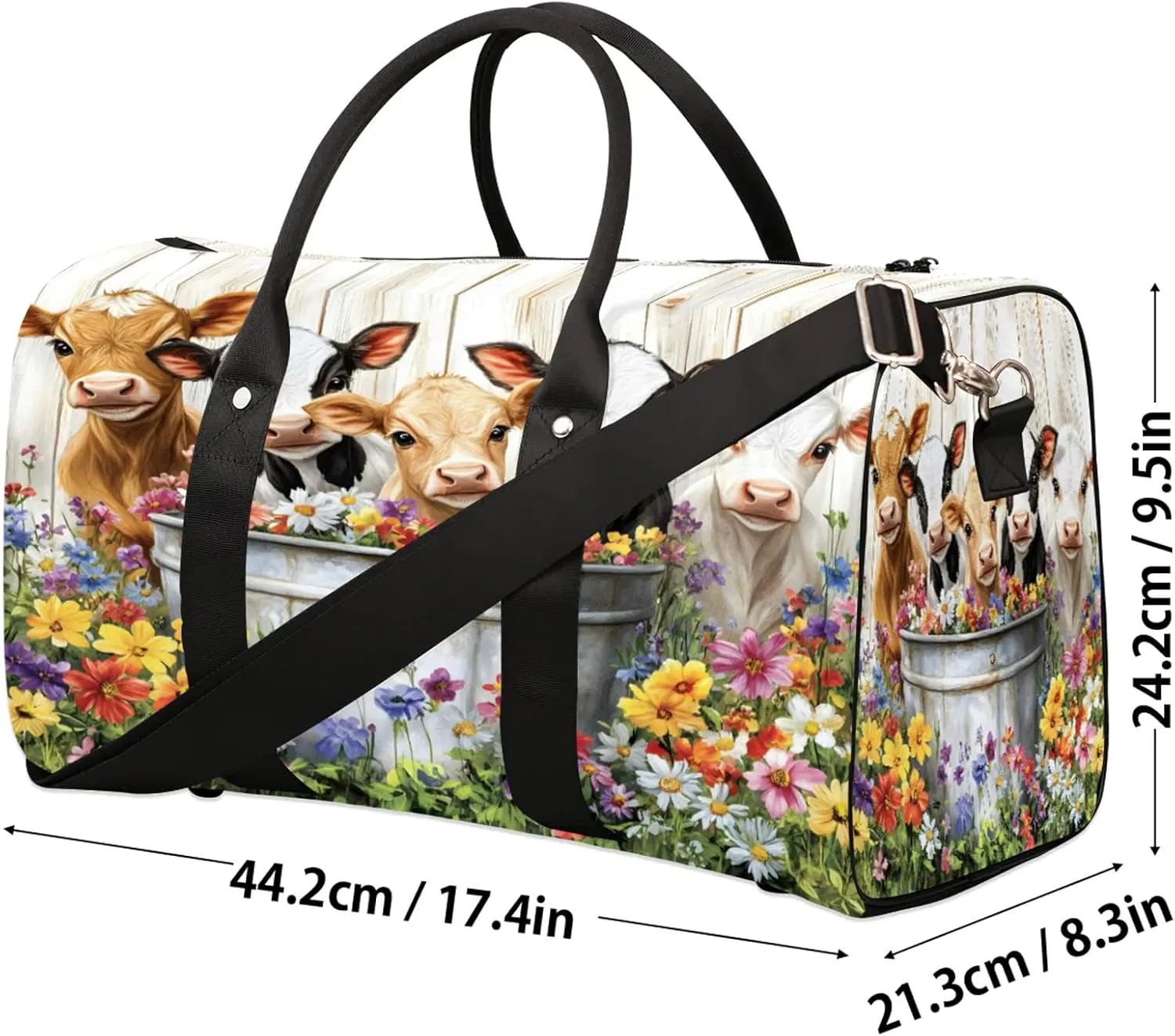 Cute Cow Duffle Bag for Travel, Overnight Weekend Gym Carry On Luggage Bag, Farmhouse Rustic Cow Flower Travel Duffel Bag for Men Women