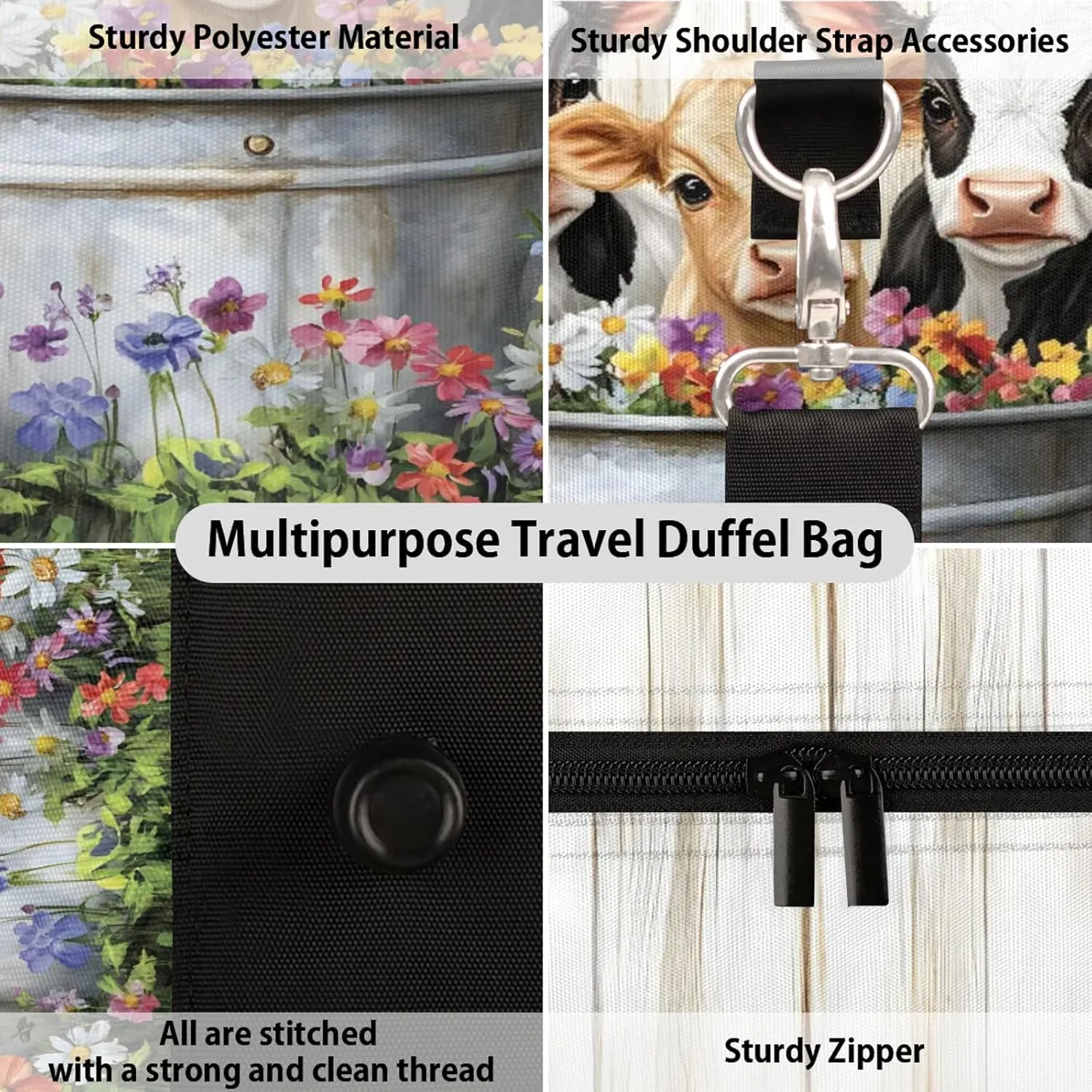 Cute Cow Duffle Bag for Travel, Overnight Weekend Gym Carry On Luggage Bag, Farmhouse Rustic Cow Flower Travel Duffel Bag for Men Women