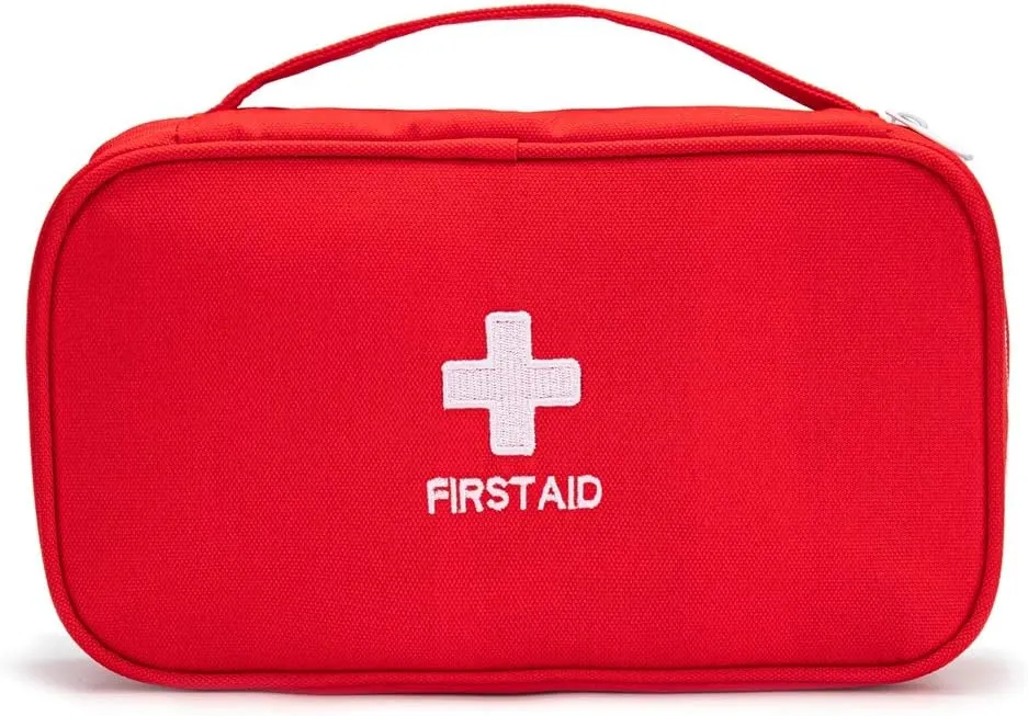 First Aid Bag Tote Empty Small First Aid Kit Bag Outdoor Travel Rescue Pouch First Responder Medicine Bag Pocket Container for Car Home Office Sport Outdoors (Red Handle)
