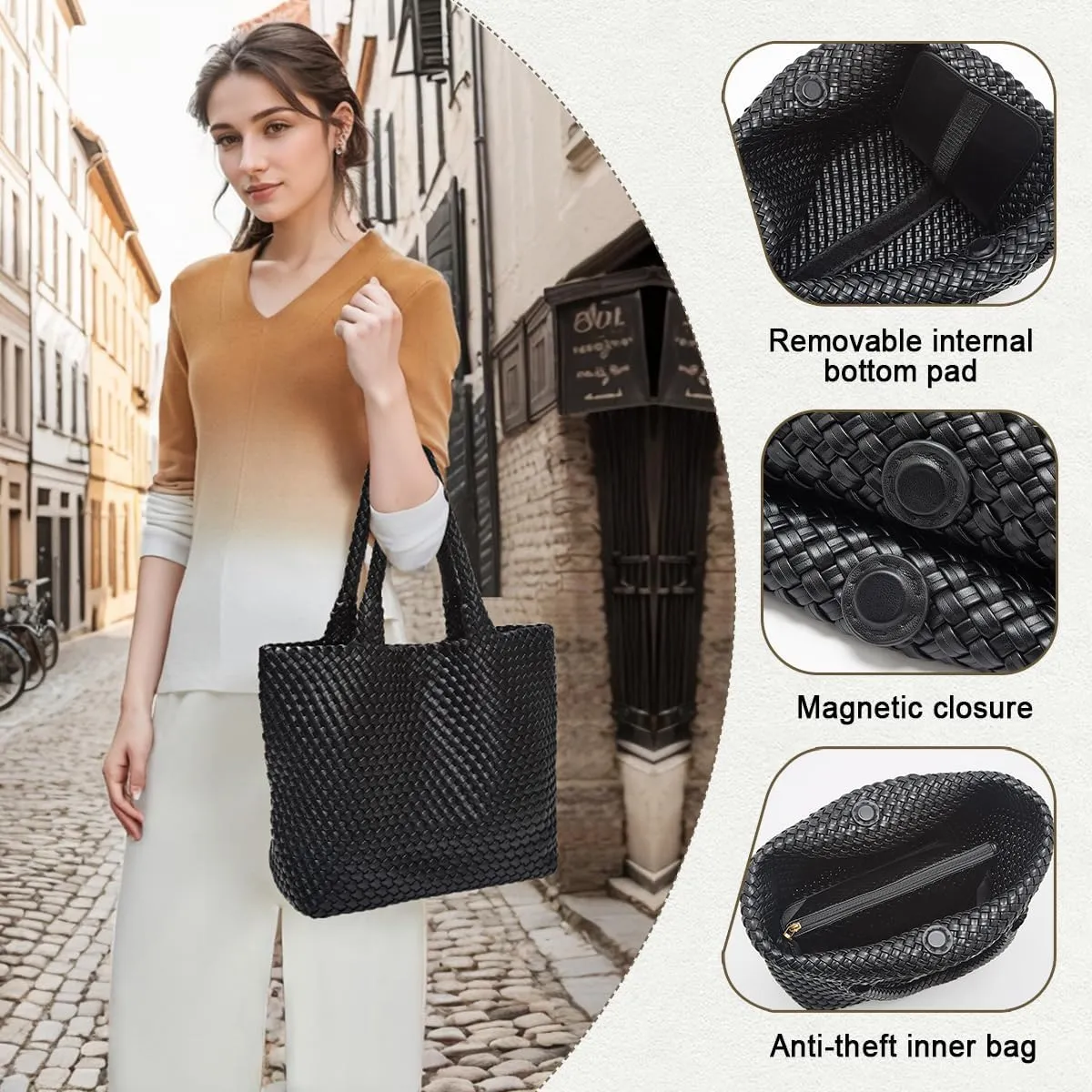 FOXLOVER Woven Tote Bag for Women Large Vegan Leather Top Handle Handbag purse Includes Inner Bag