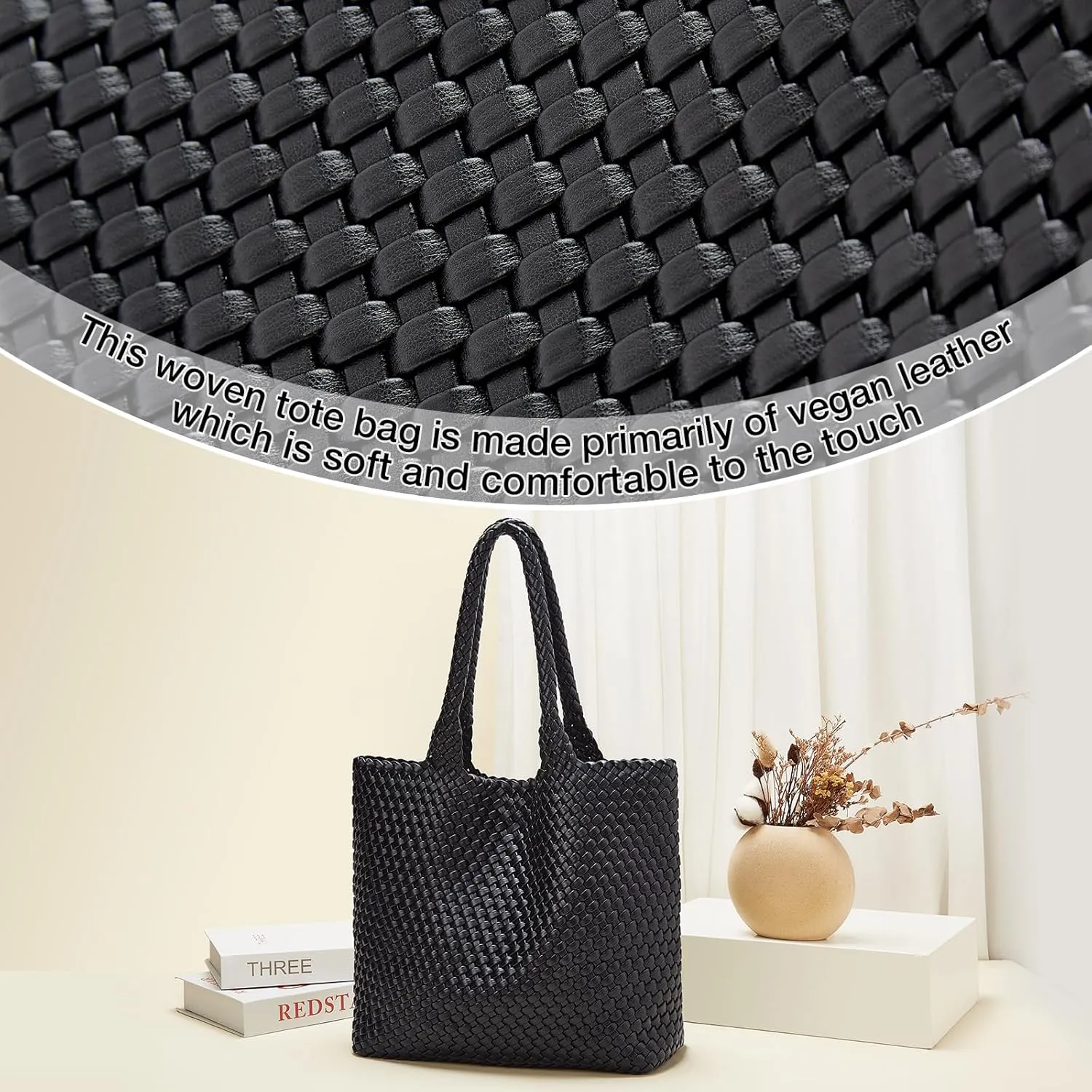 FOXLOVER Woven Tote Bag for Women Large Vegan Leather Top Handle Handbag purse Includes Inner Bag