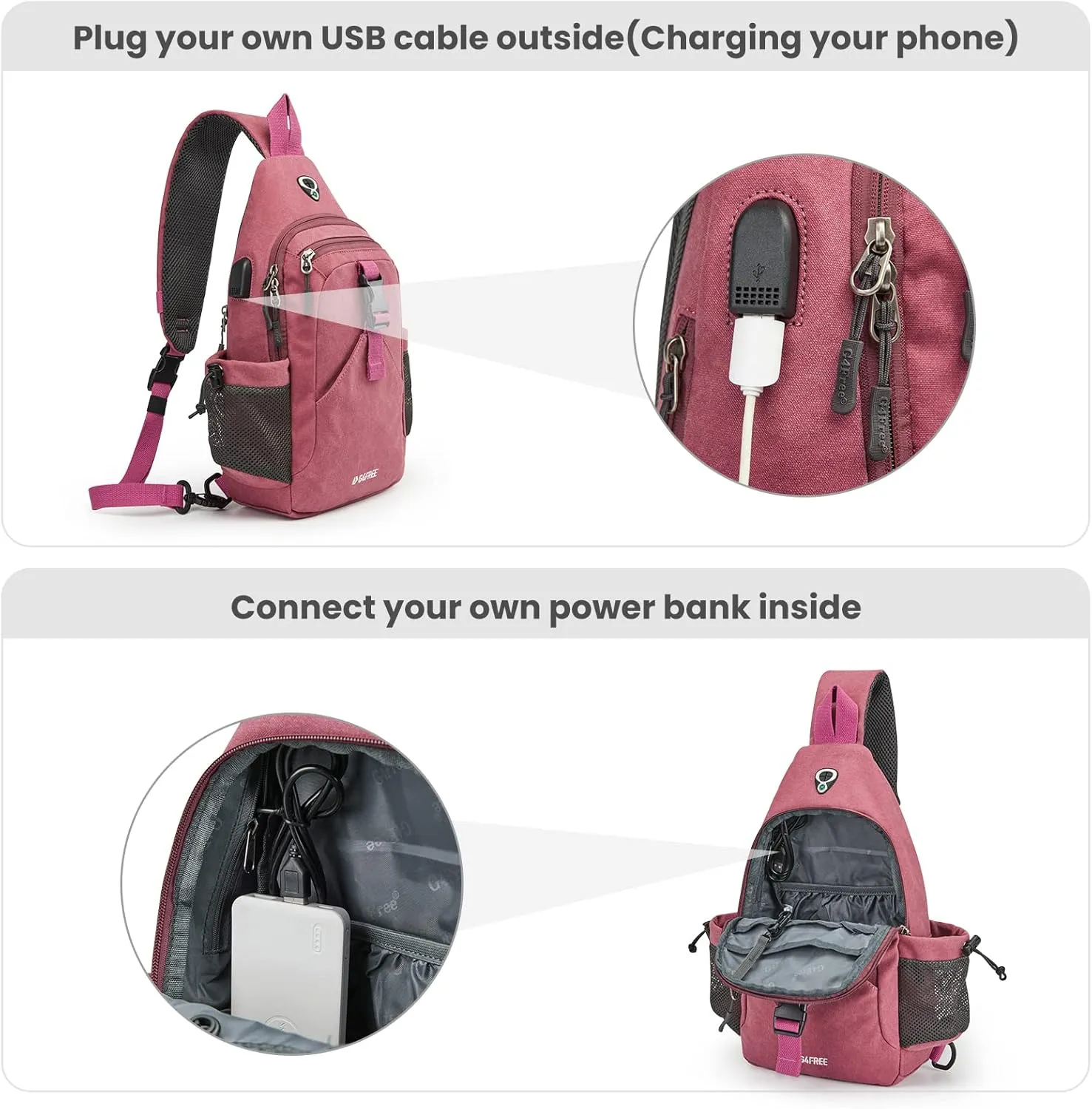 G4Free Canvas Sling Bag Crossbody Backpack with USB Charging Port & RFID Blocking, Hiking Daypack Chest Bag for Women Men