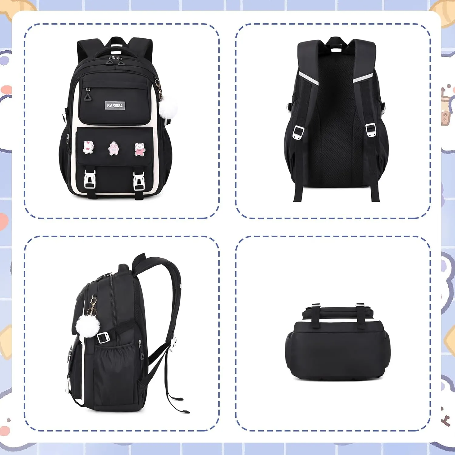 Girls Backpack, Kids Backpack for Girls with Anti-theft Back Pocket, Lightweight School Back Pack, Watrer Resistant, Bookbag for Elementary Primary School, Black