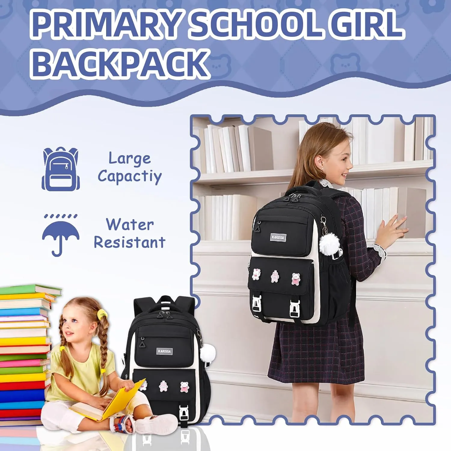 Girls Backpack, Kids Backpack for Girls with Anti-theft Back Pocket, Lightweight School Back Pack, Watrer Resistant, Bookbag for Elementary Primary School, Black