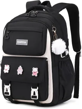 Girls Backpack, Kids Backpack for Girls with Anti-theft Back Pocket, Lightweight School Back Pack, Watrer Resistant, Bookbag for Elementary Primary School, Black