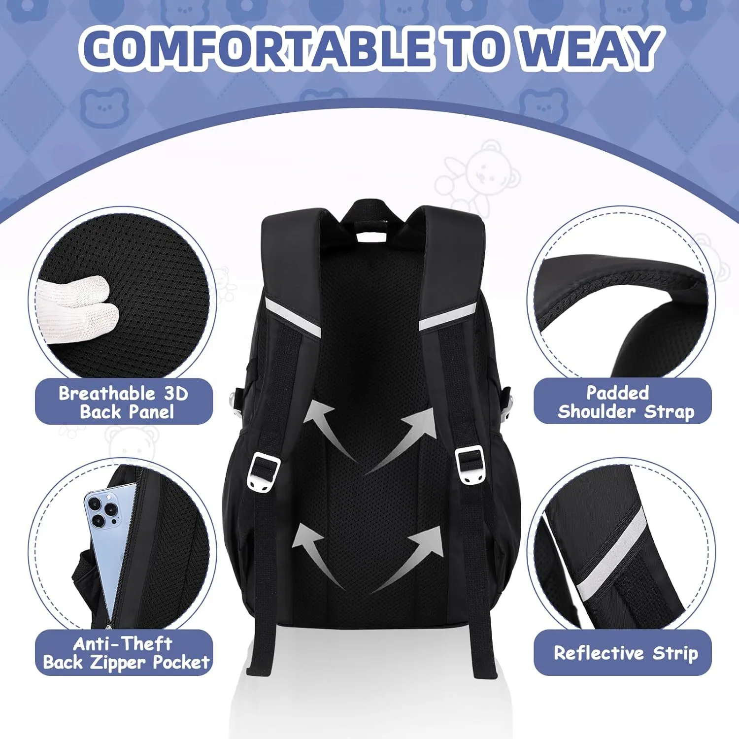 Girls Backpack, Kids Backpack for Girls with Anti-theft Back Pocket, Lightweight School Back Pack, Watrer Resistant, Bookbag for Elementary Primary School, Black