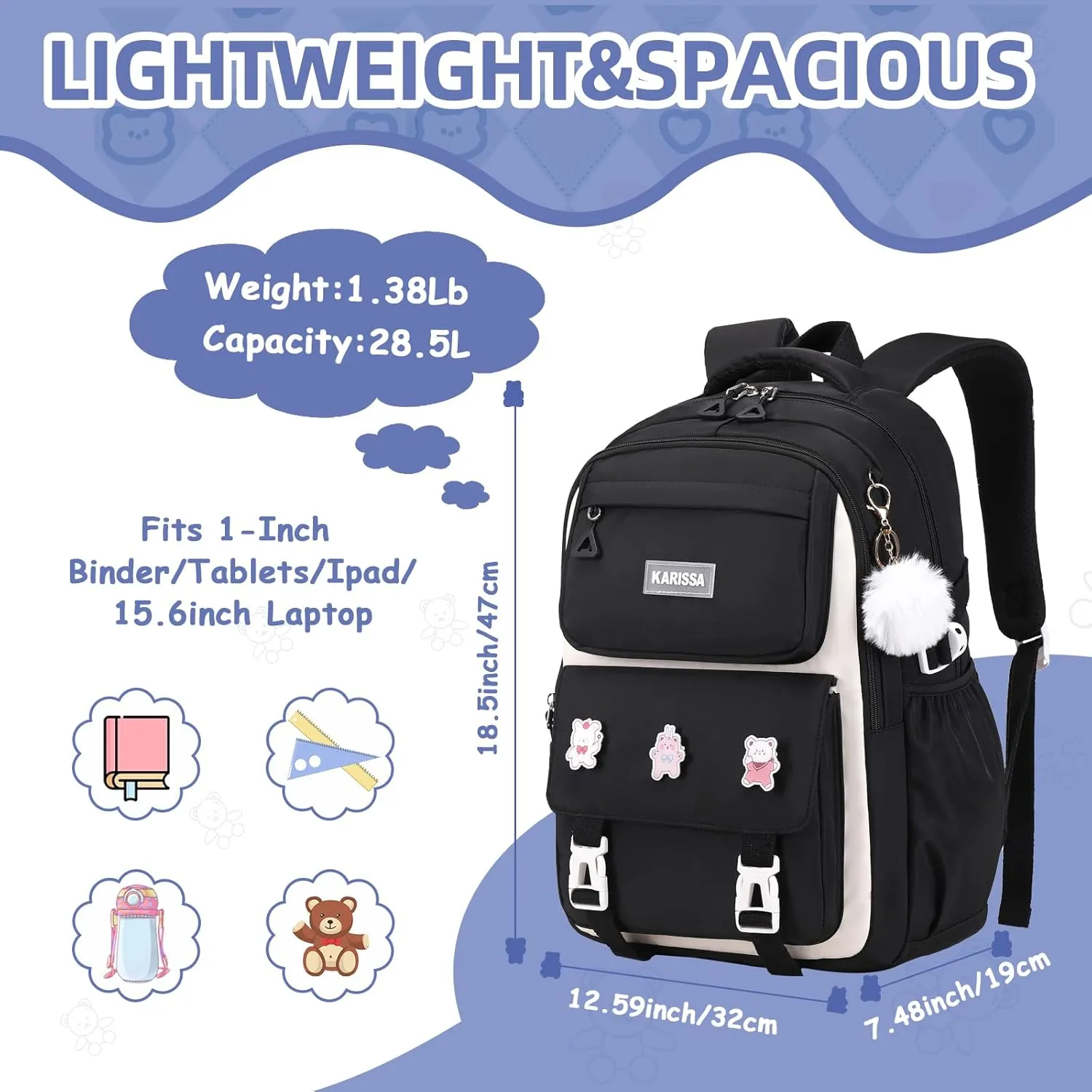Girls Backpack, Kids Backpack for Girls with Anti-theft Back Pocket, Lightweight School Back Pack, Watrer Resistant, Bookbag for Elementary Primary School, Black