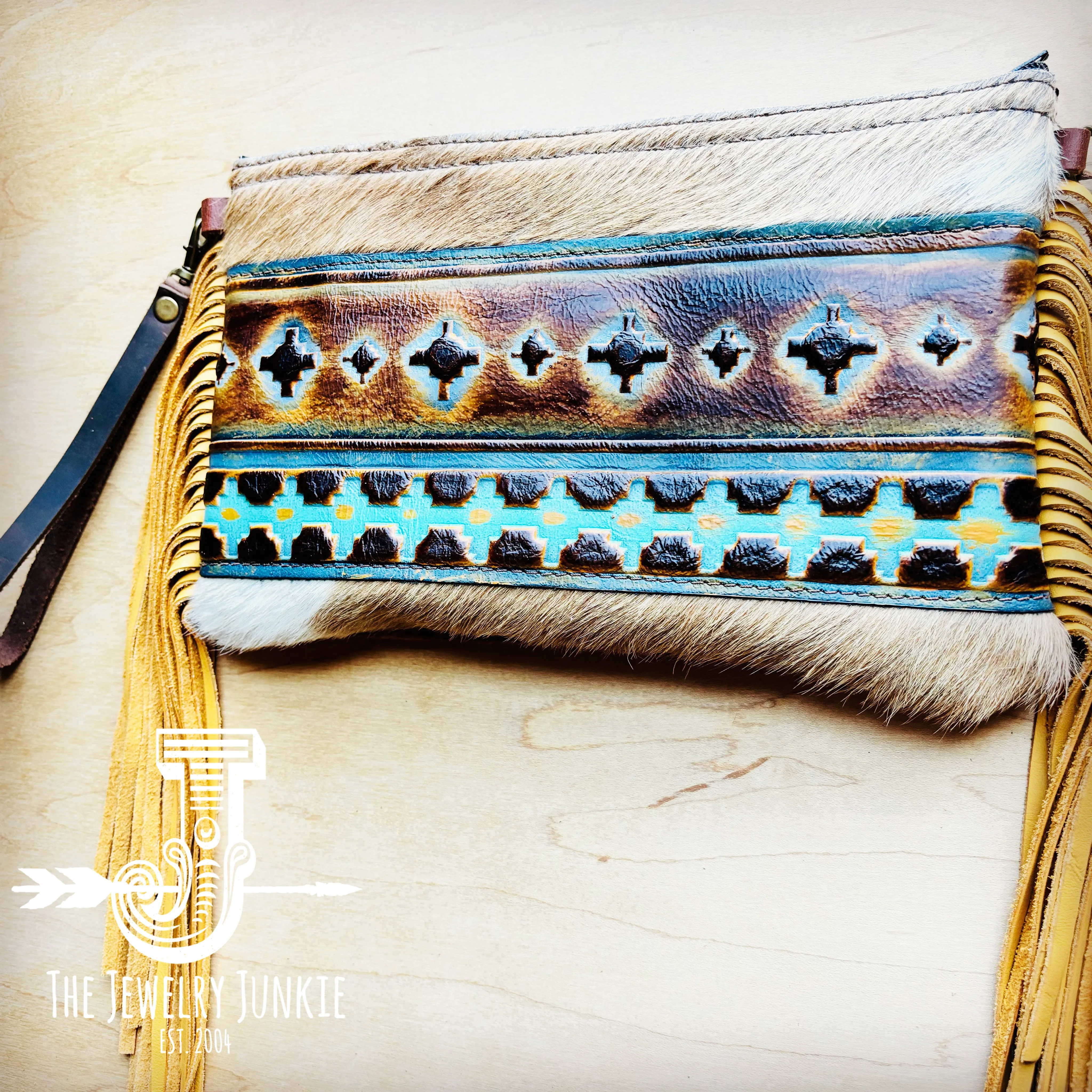 **Hair on Hide Handbag w/ Blue Navajo Accent & Mustard Fringe 513s