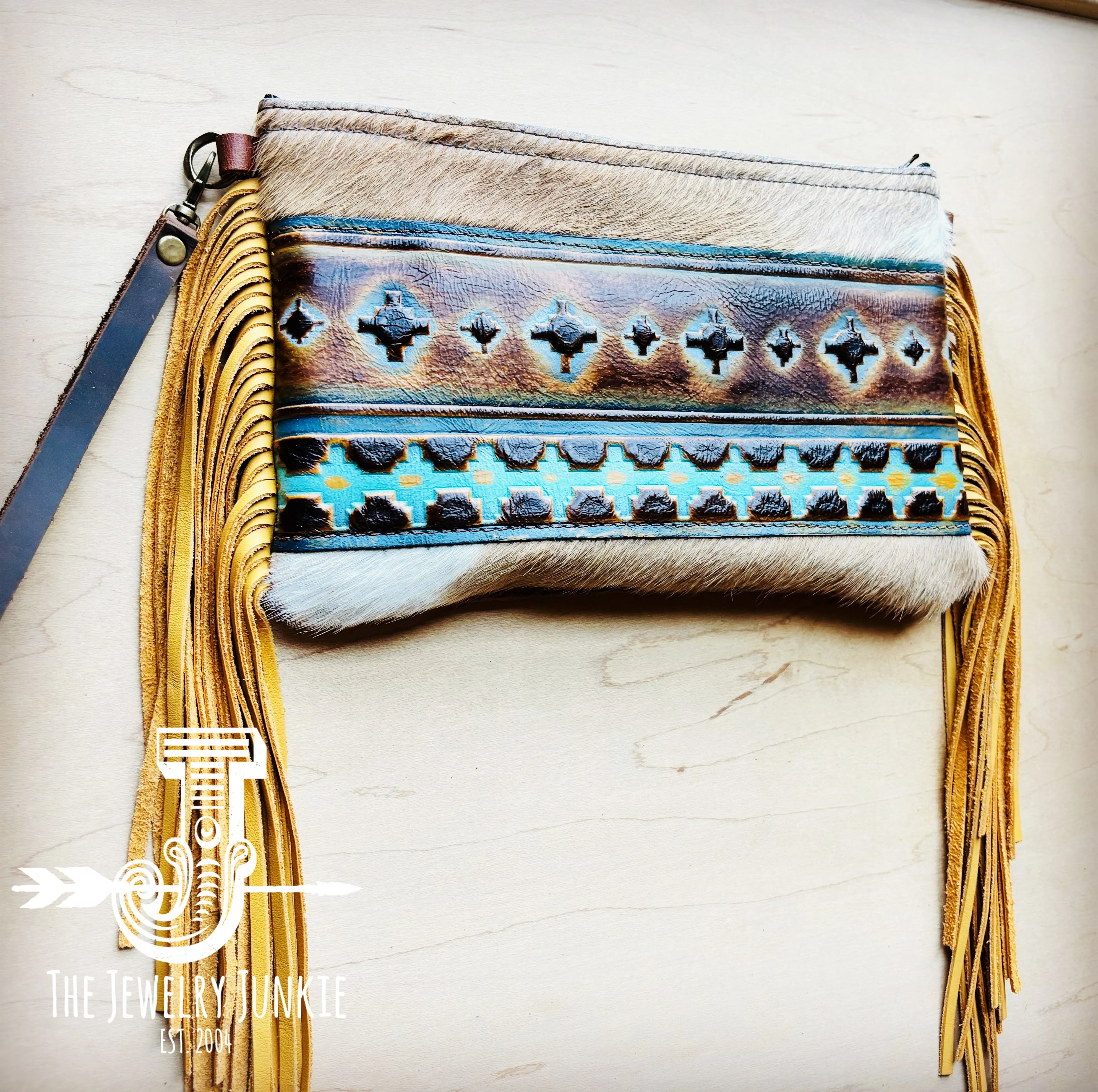 **Hair on Hide Handbag w/ Blue Navajo Accent & Mustard Fringe 513s