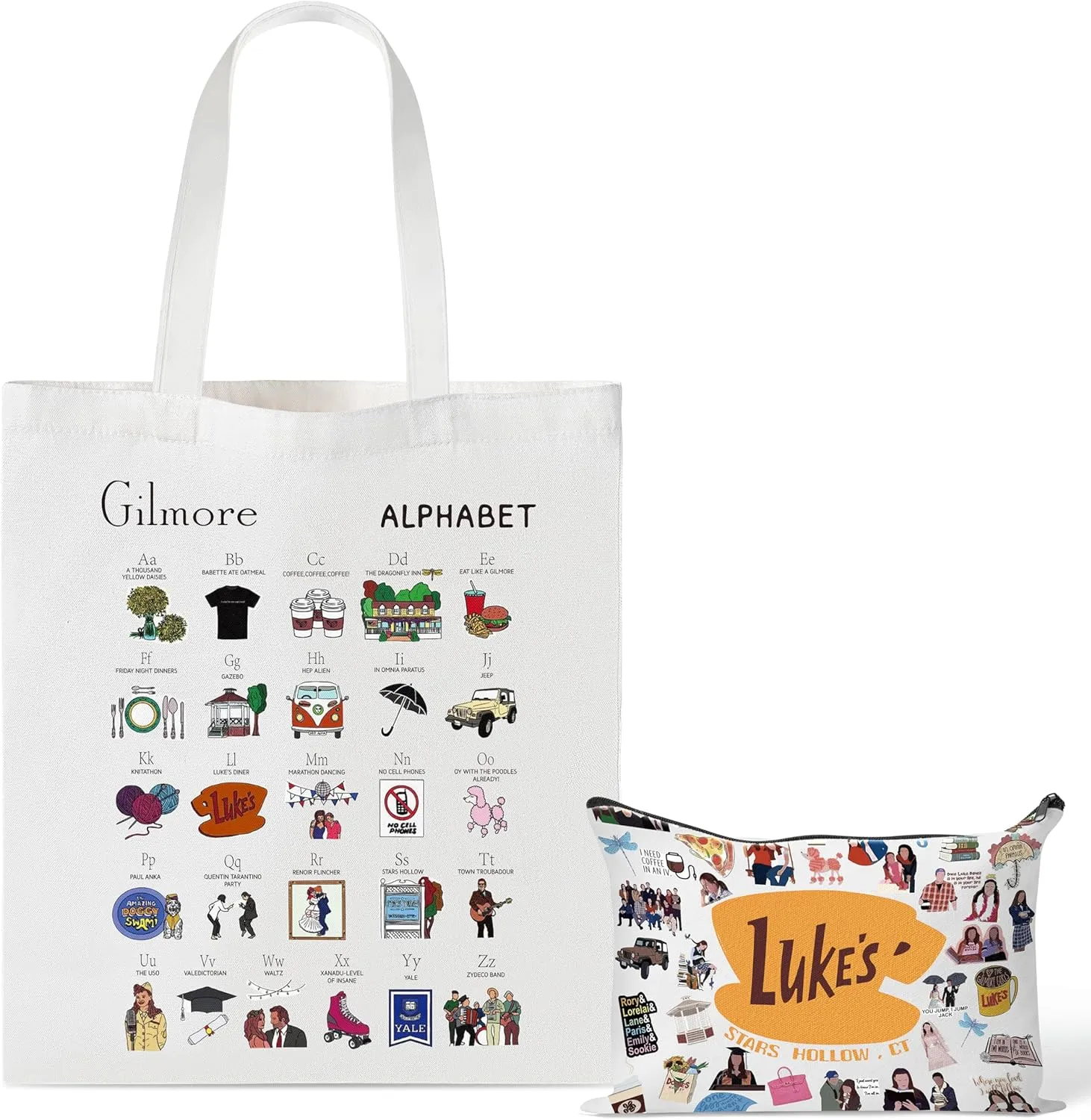 Laffact Gilmore TV Show Canvas Bag - Luker's Dinner inspired Gift Alphabet Merchandise Cotton Shoulder Tote Bag Makeup Bag for Friends Fans Coworkers Women Girls Mom Daughter Sister Birthday Christmas