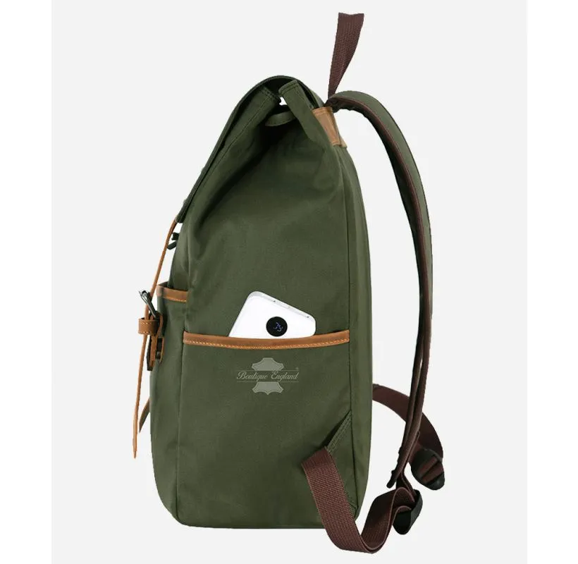 Mens Canvas Backpack Olive Casual Travel Rucksack Leather Trimming Bag