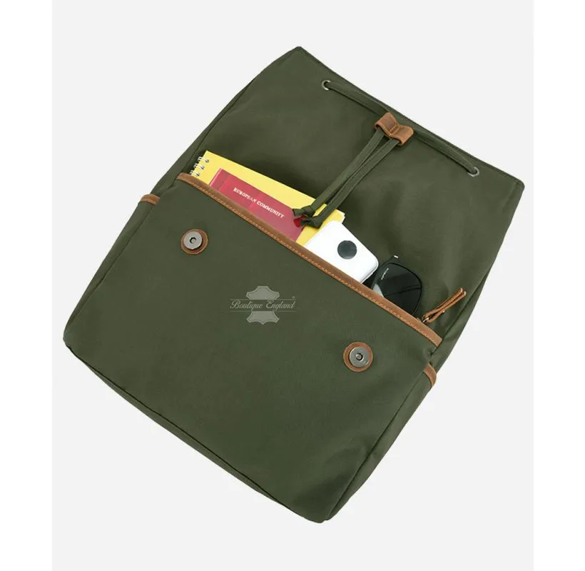 Mens Canvas Backpack Olive Casual Travel Rucksack Leather Trimming Bag