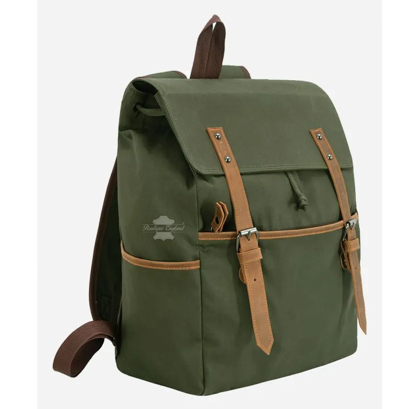 Mens Canvas Backpack Olive Casual Travel Rucksack Leather Trimming Bag