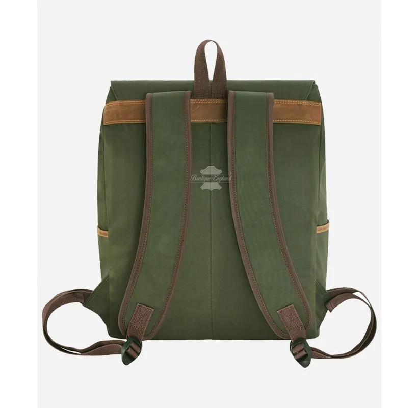 Mens Canvas Backpack Olive Casual Travel Rucksack Leather Trimming Bag