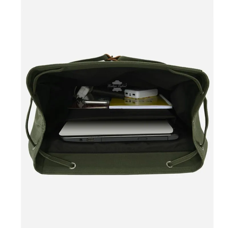 Mens Canvas Backpack Olive Casual Travel Rucksack Leather Trimming Bag