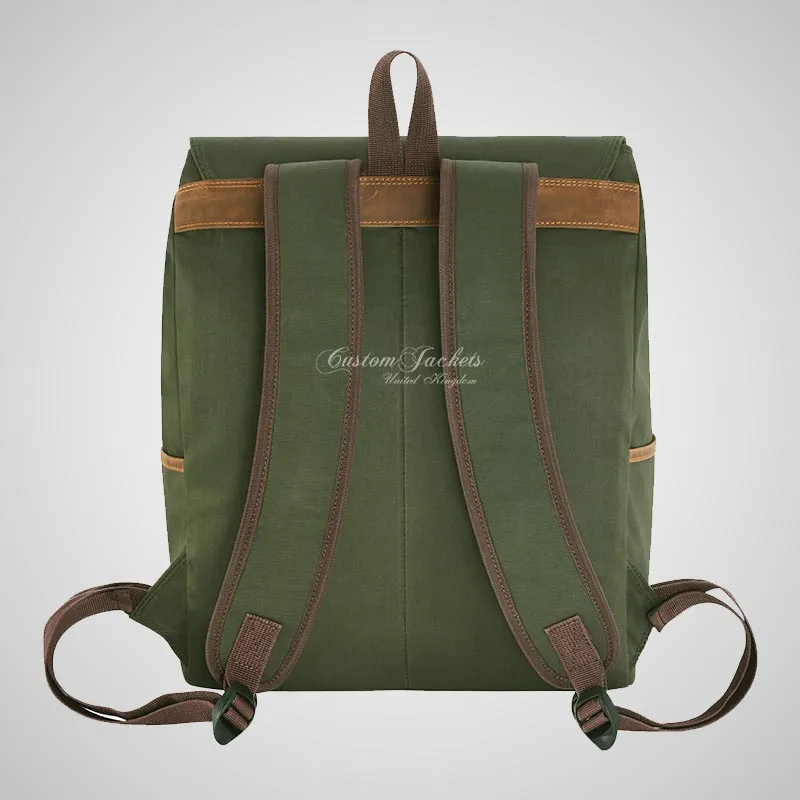 Men's Canvas Backpack Olive Casual Travel Rucksack Leather Trimming