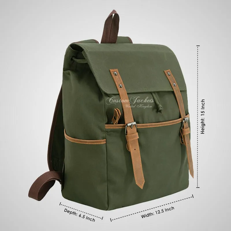 Men's Canvas Backpack Olive Casual Travel Rucksack Leather Trimming
