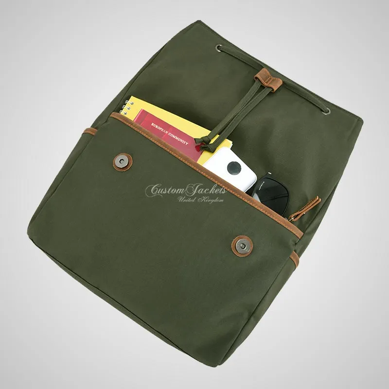 Men's Canvas Backpack Olive Casual Travel Rucksack Leather Trimming