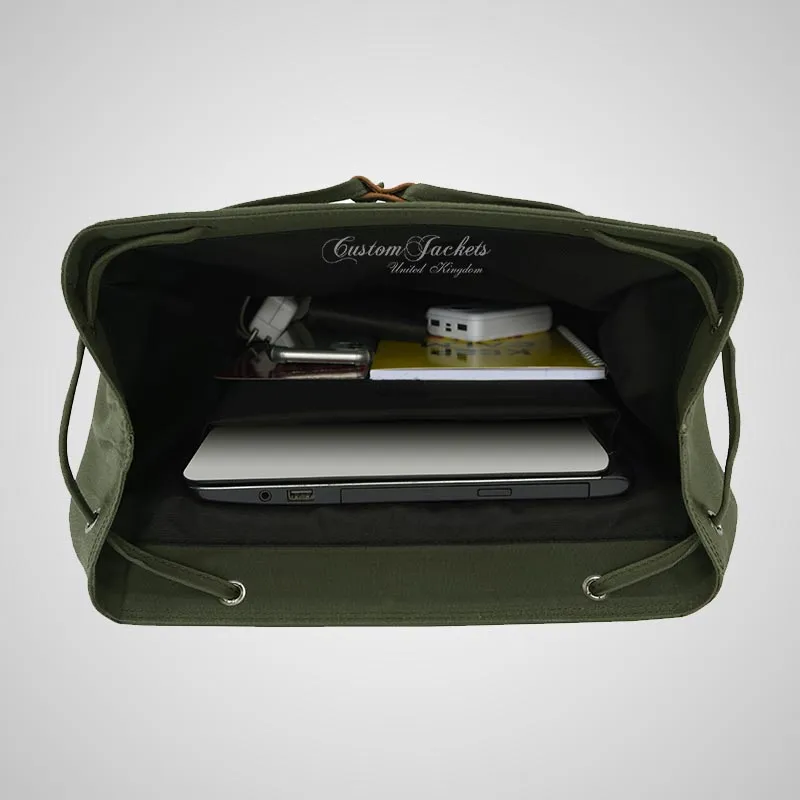 Men's Canvas Backpack Olive Casual Travel Rucksack Leather Trimming
