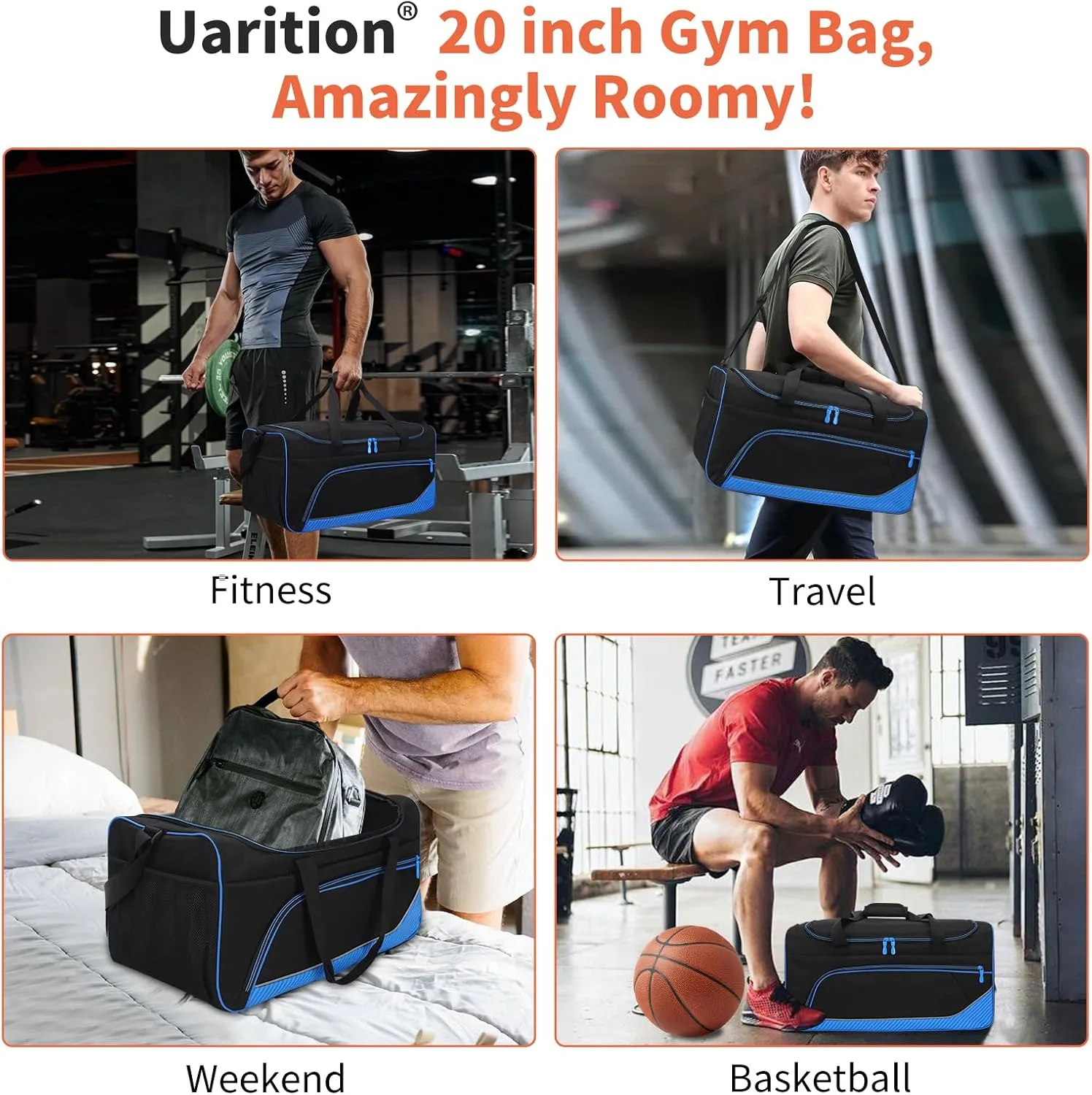 Mens Gym Bag 21 inch Large Overnight Weekender Duffle Bag for Travel Sport-Blue/Black