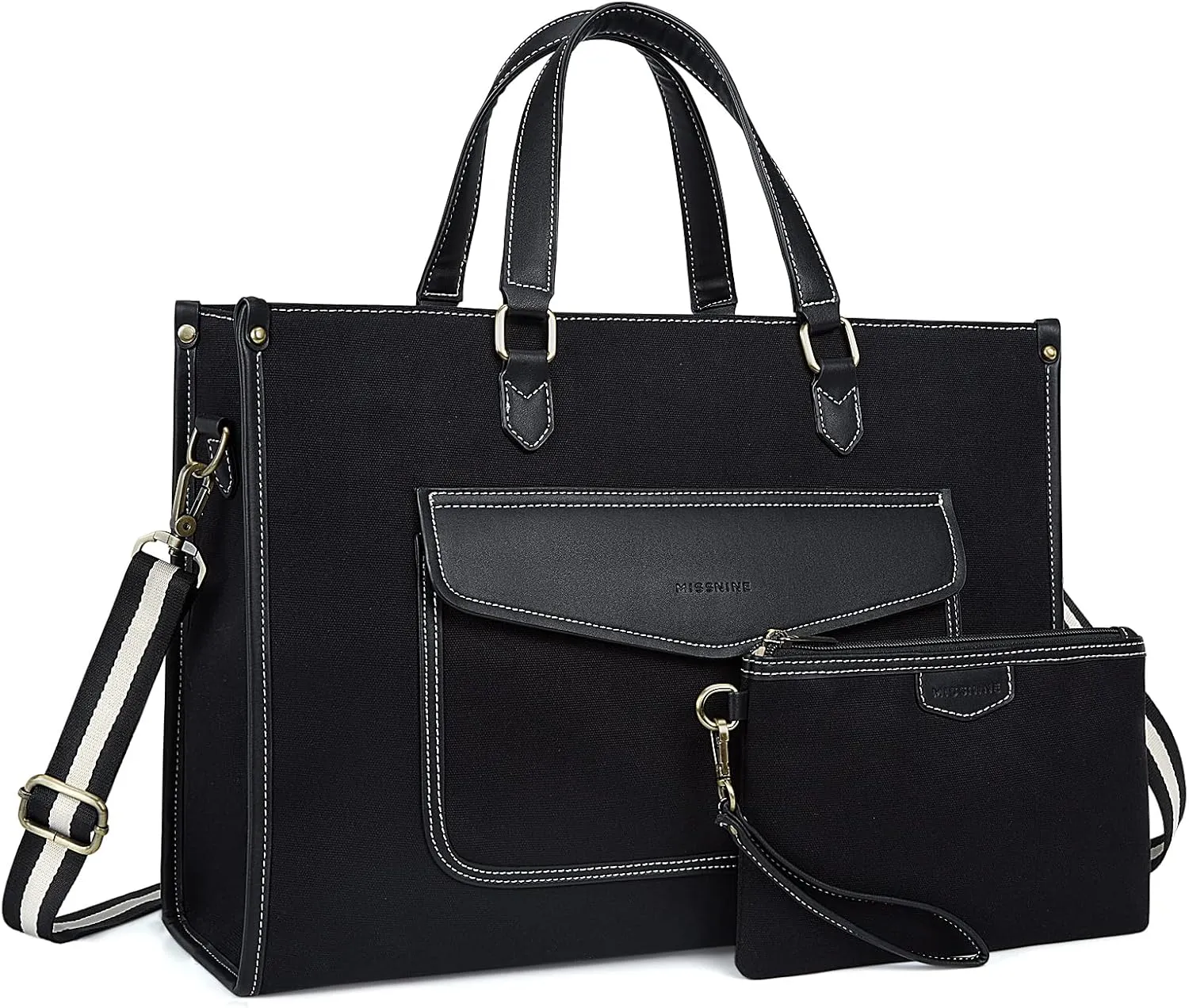Missnine Tote Bag Canvas Laptop Bag for Women 15.6 inch Casual Work Bags with Clutch Purse Computer 2 PCS Set for Travel, Office, College