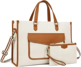 Missnine Tote Bag Canvas Laptop Bag for Women 15.6 inch Casual Work Bags with Clutch Purse Computer 2 PCS Set for Travel, Office, College