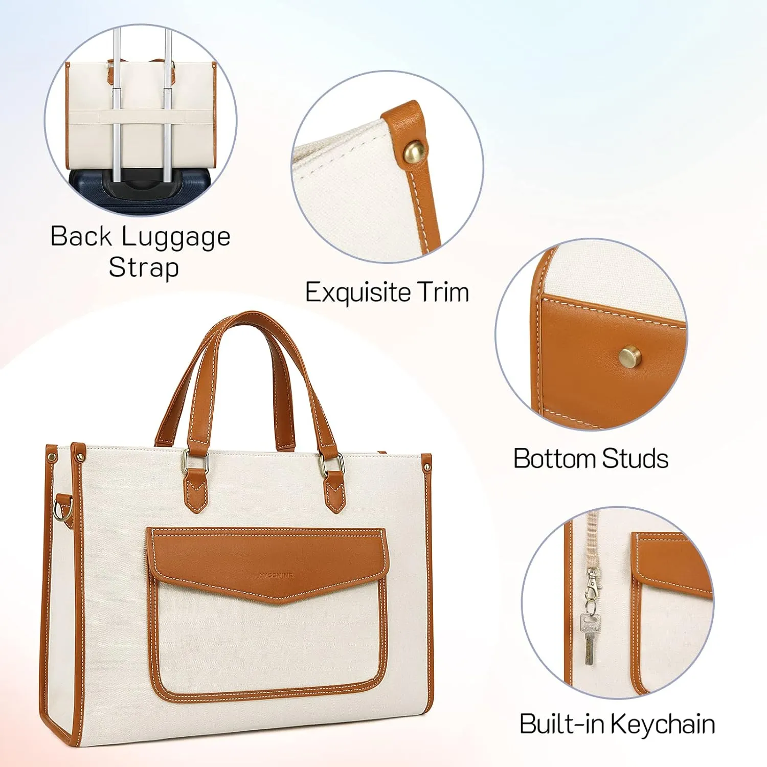 Missnine Tote Bag Canvas Laptop Bag for Women 15.6 inch Casual Work Bags with Clutch Purse Computer 2 PCS Set for Travel, Office, College