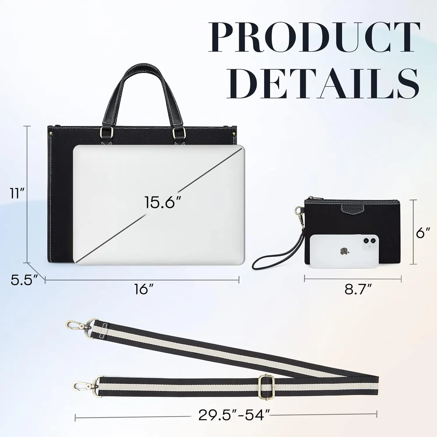 Missnine Tote Bag Canvas Laptop Bag for Women 15.6 inch Casual Work Bags with Clutch Purse Computer 2 PCS Set for Travel, Office, College