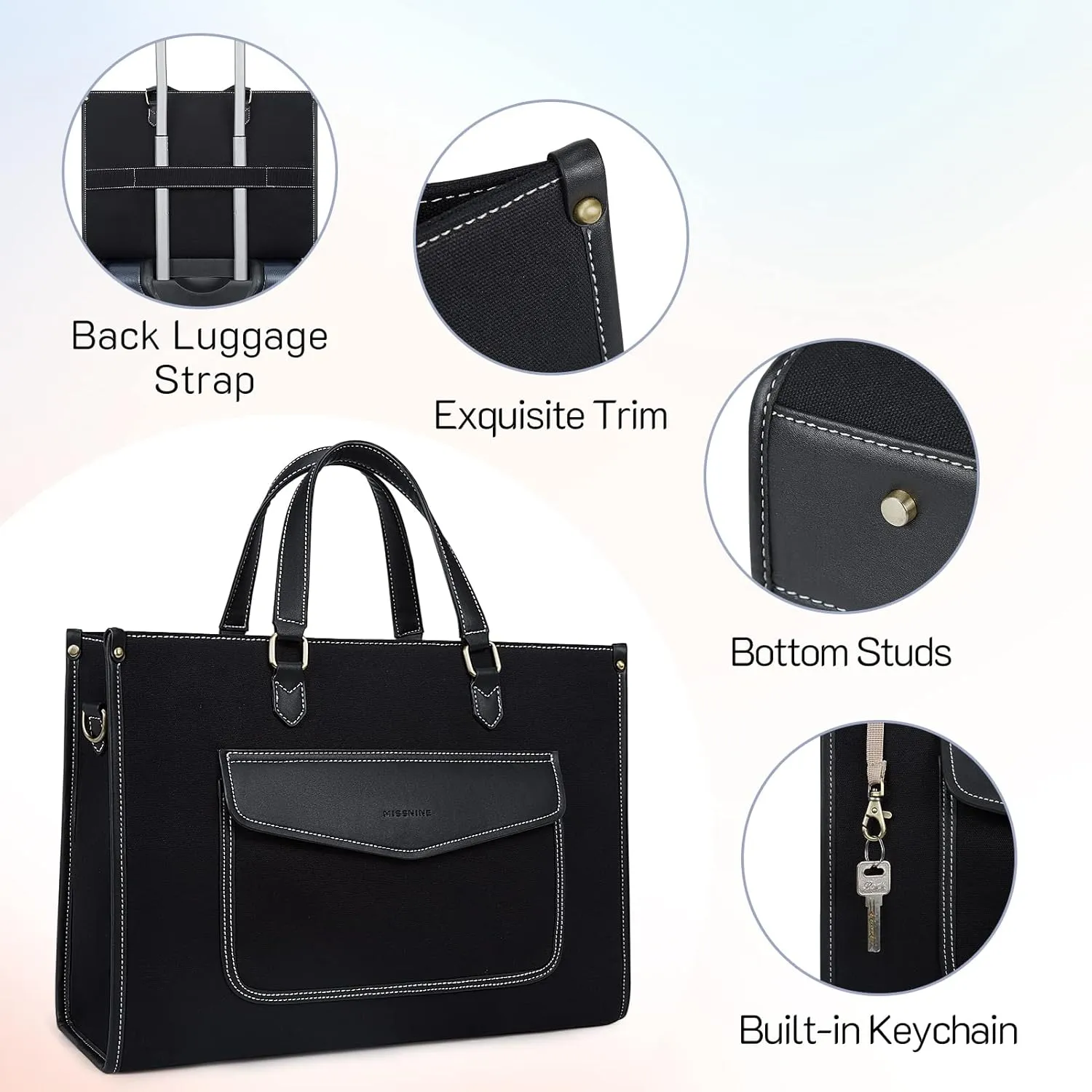 Missnine Tote Bag Canvas Laptop Bag for Women 15.6 inch Casual Work Bags with Clutch Purse Computer 2 PCS Set for Travel, Office, College