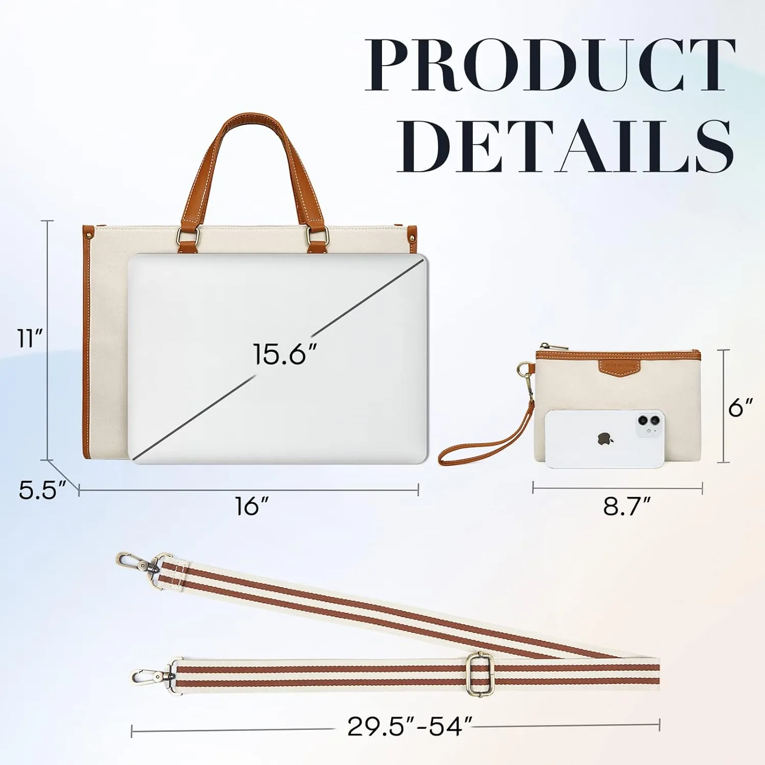 Missnine Tote Bag Canvas Laptop Bag for Women 15.6 inch Casual Work Bags with Clutch Purse Computer 2 PCS Set for Travel, Office, College