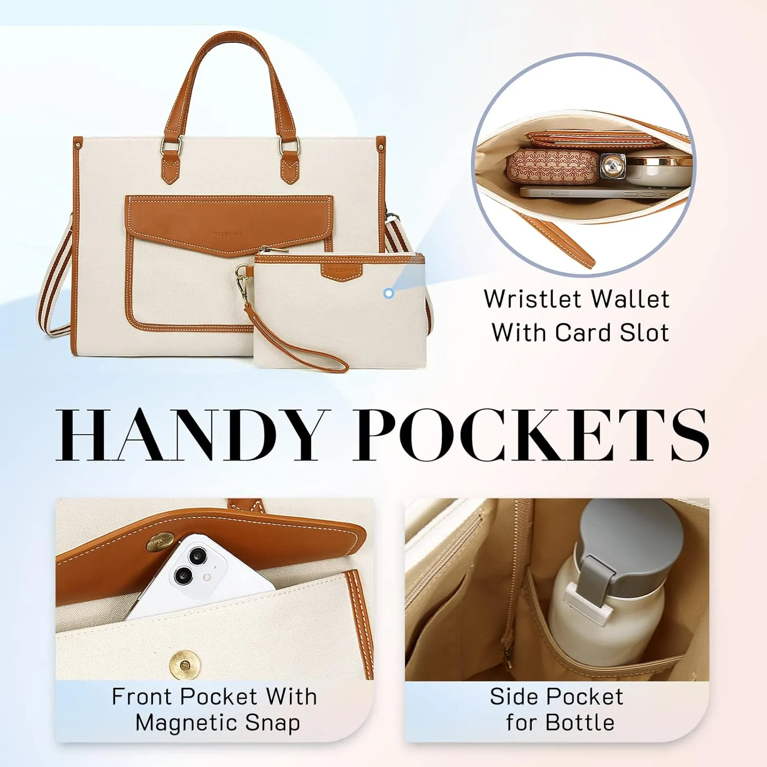 Missnine Tote Bag Canvas Laptop Bag for Women 15.6 inch Casual Work Bags with Clutch Purse Computer 2 PCS Set for Travel, Office, College