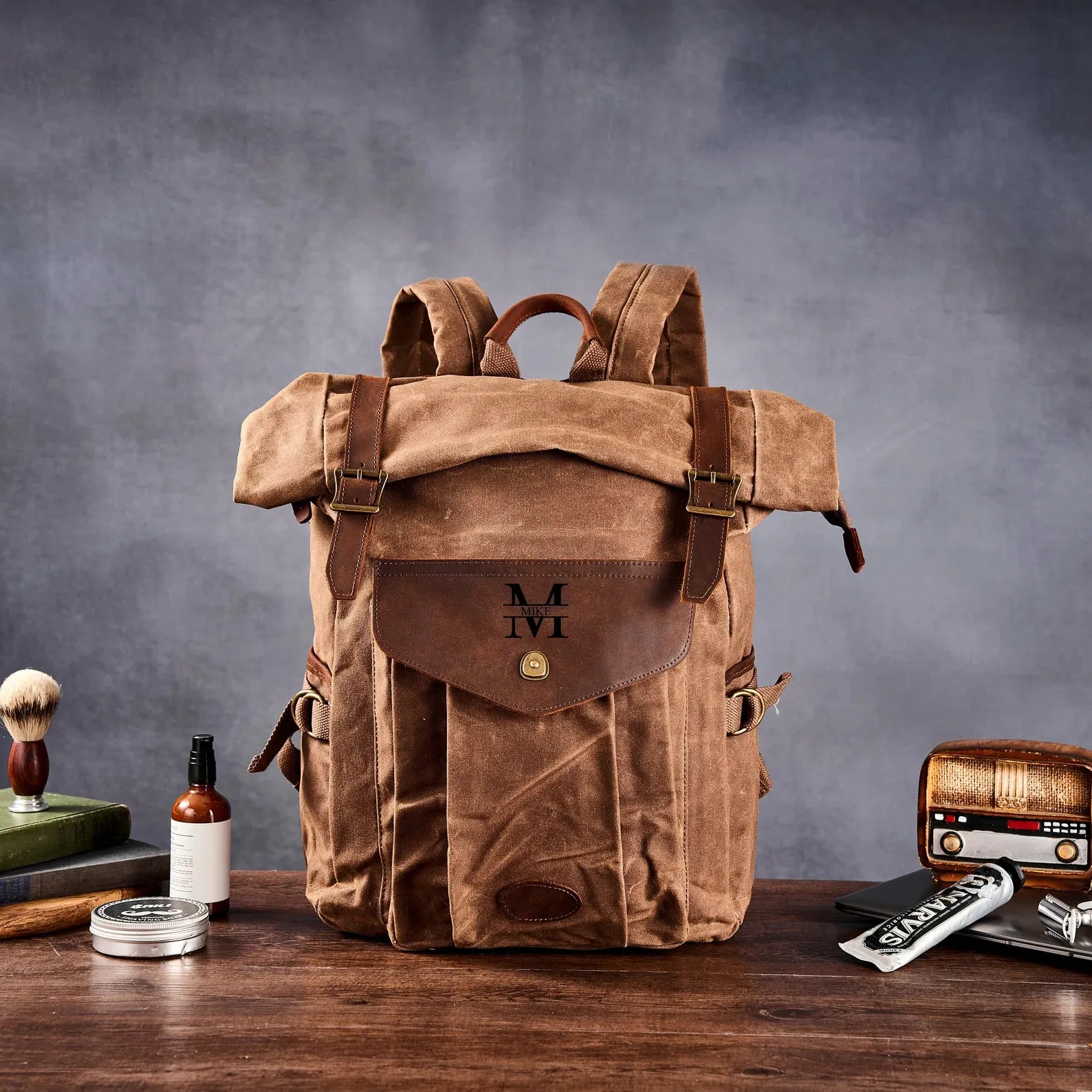 Personalized Canvas Backpack Waxed Canvas Leather Backpack Canvas Rucksack Waterproof Backpack Hiking Bag