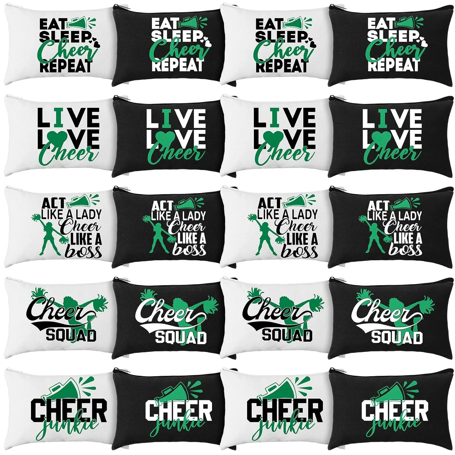 Pinkunn 20 Pcs Cheer Makeup Bags Bulk Cheerleader Gifts for Women Canvas Cheer Cosmetic Pouch Toiletry Zipper Makeup Case Cheerleading Portable Travel Pouch Team Accessories(Green)