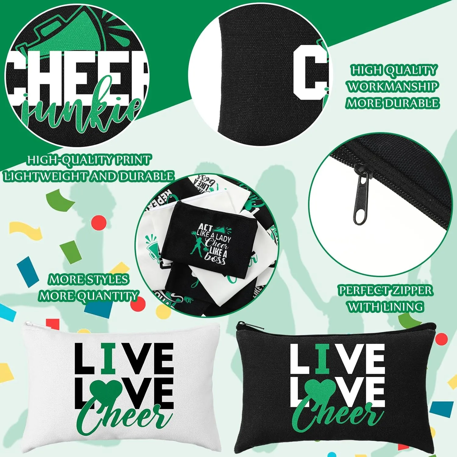 Pinkunn 20 Pcs Cheer Makeup Bags Bulk Cheerleader Gifts for Women Canvas Cheer Cosmetic Pouch Toiletry Zipper Makeup Case Cheerleading Portable Travel Pouch Team Accessories(Green)