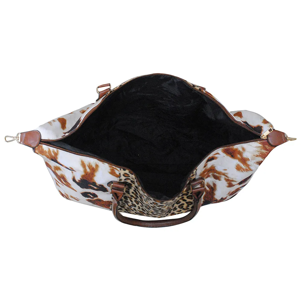 !SALE! Cow Print with Leopard Faux Fur Weekender Bag