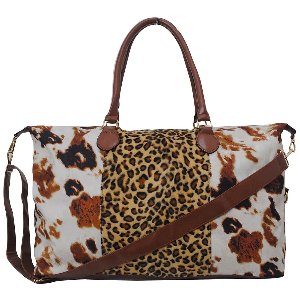 !SALE! Cow Print with Leopard Faux Fur Weekender Bag