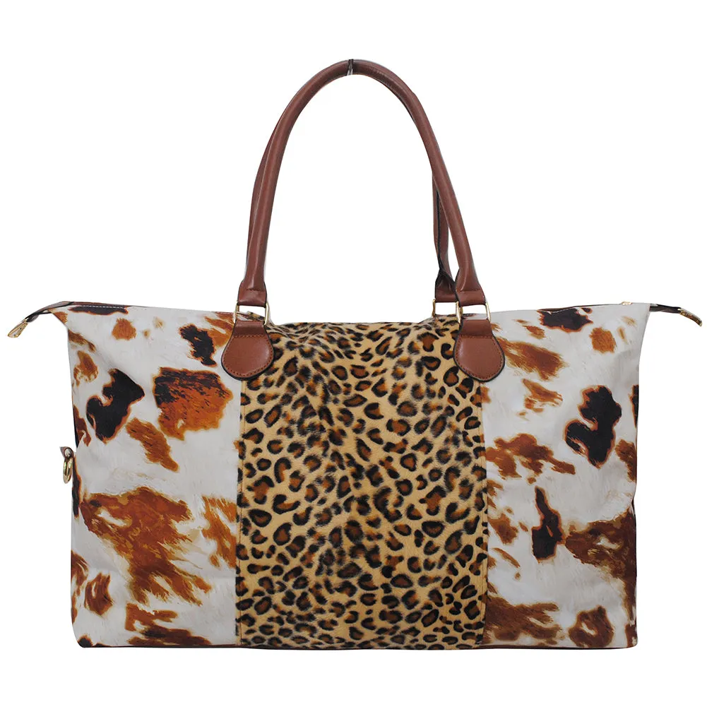 !SALE! Cow Print with Leopard Faux Fur Weekender Bag