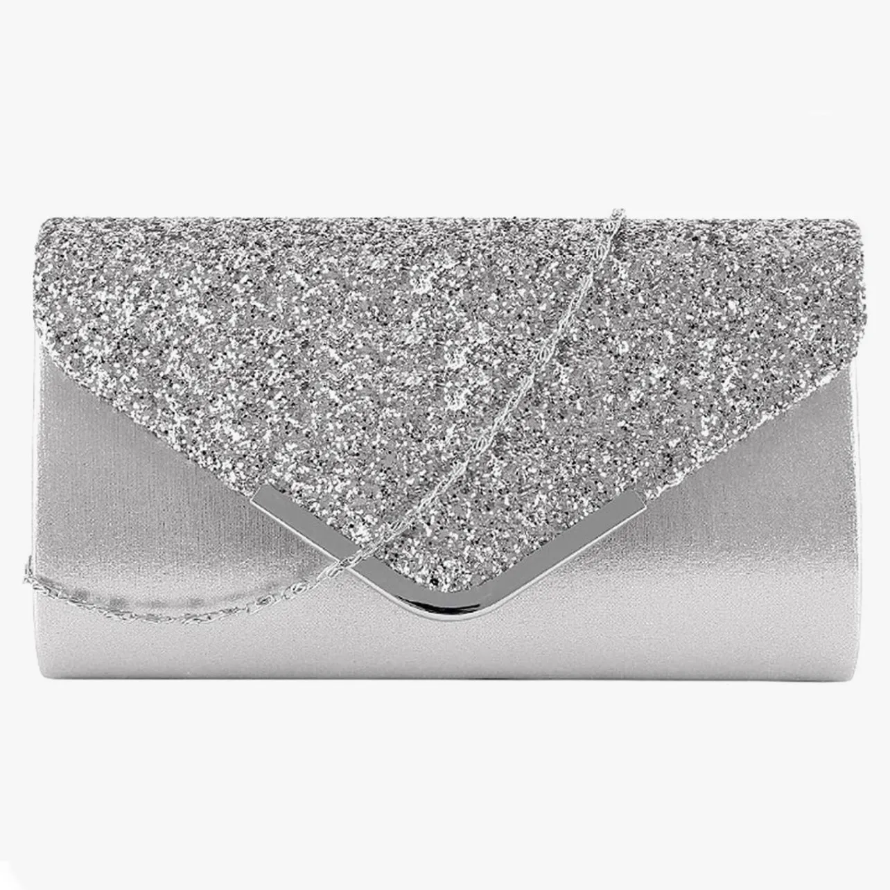 Silver Envelope Purse With Rhinestone Satin Clutch Purse Cocktail Wedding Party Bridal Handbag