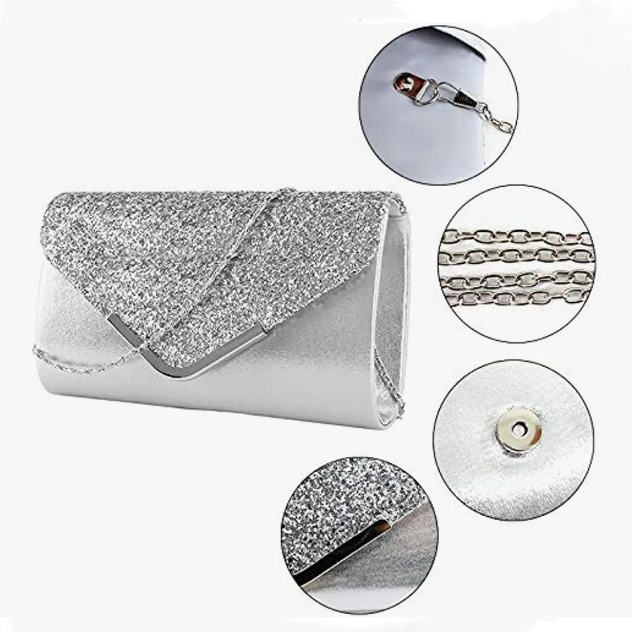 Silver Envelope Purse With Rhinestone Satin Clutch Purse Cocktail Wedding Party Bridal Handbag